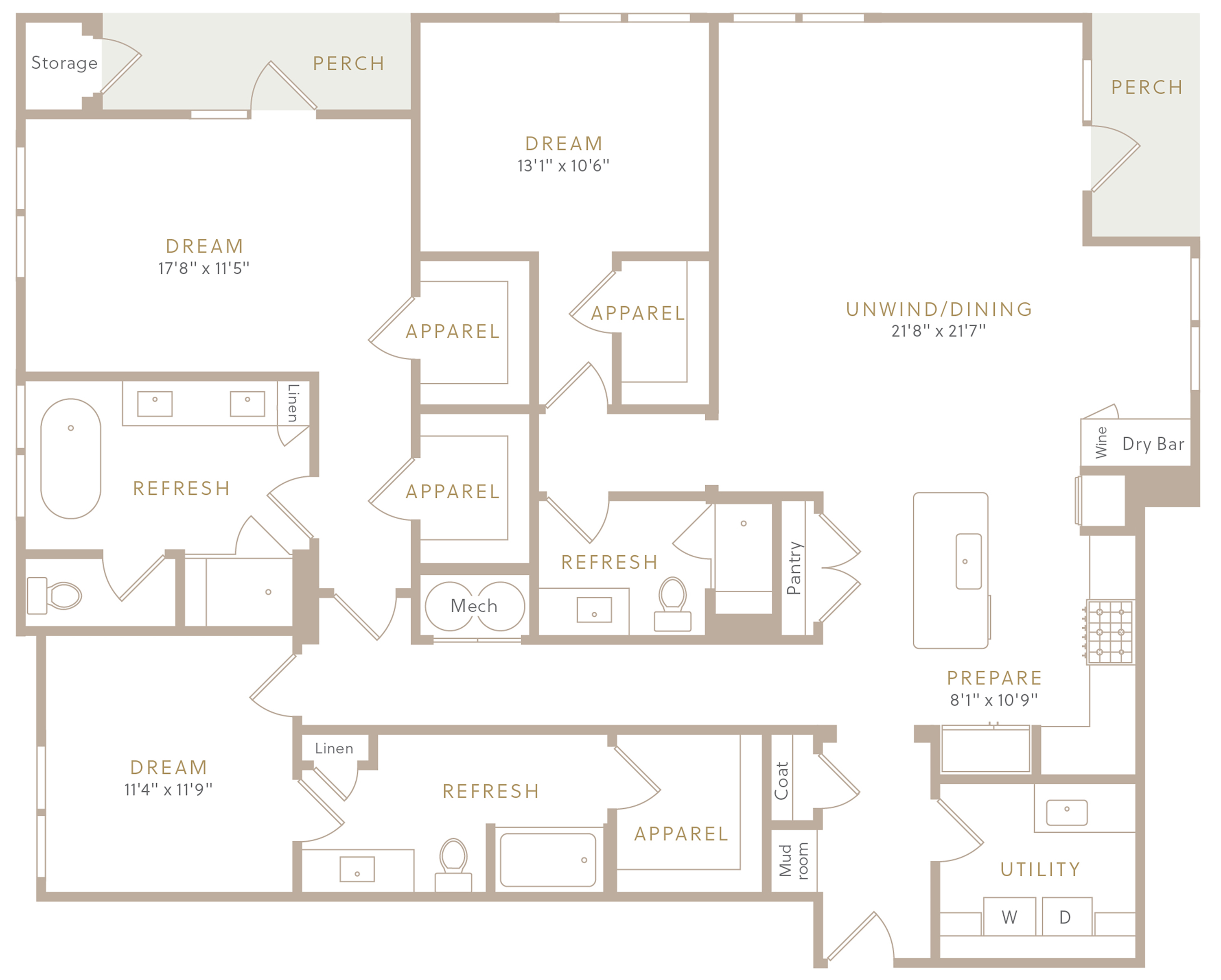 Floor plan for 3 beds, 3 baths